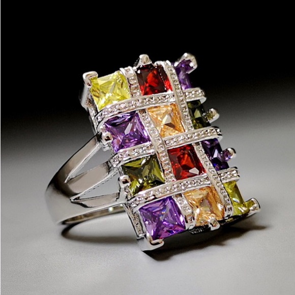 New Arrival! Stunning Multi-Colored CZ Ring in Sterling Silver 925 - Picture 2 of 10